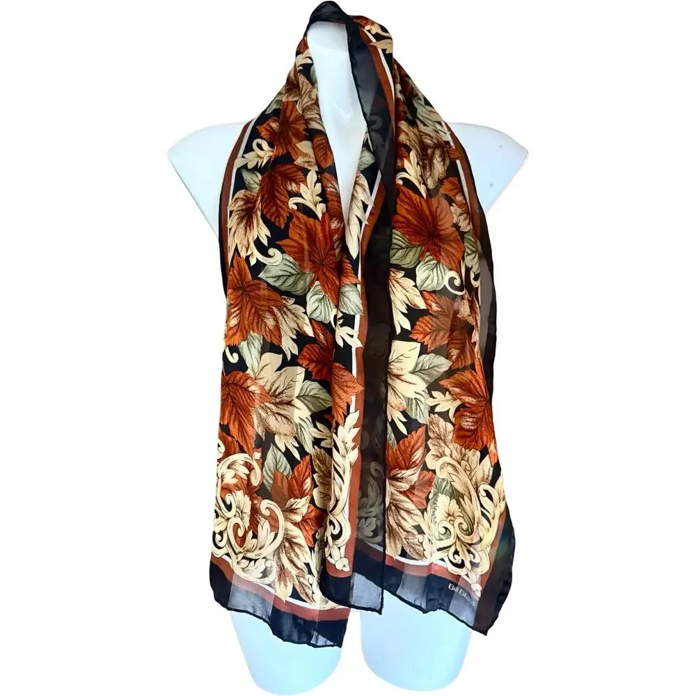 Vintage Bill Blass 80s Silk Autumn Leaf Print Scarf Black Rust 13x56